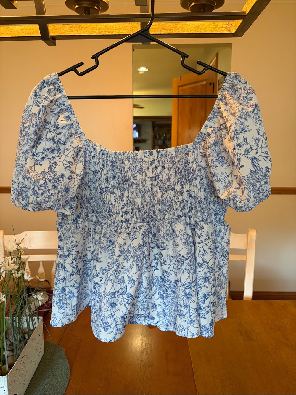 Blue & White Floral Smocked Peplum Puff Sleeve Blouse | Cottagecore | Women’s
